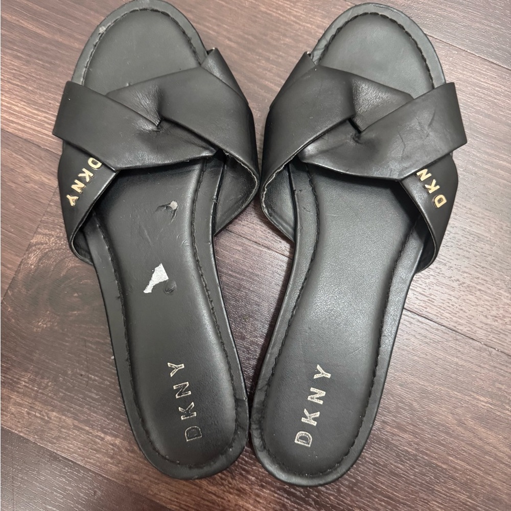 DKNY Black Size 9/40 Slide Sandals with Gold Accents